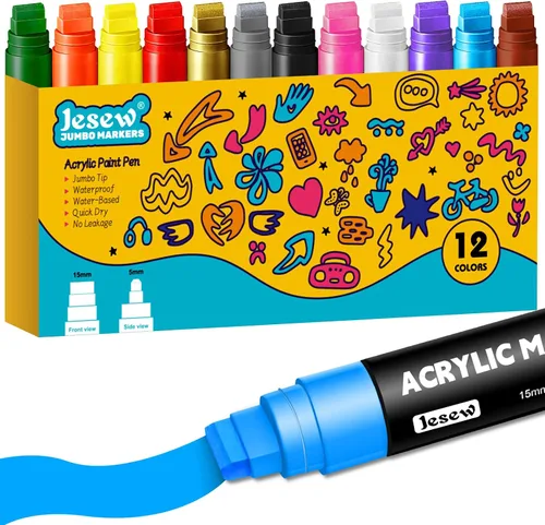 Marcadores de pintura acrílica: 12 marcadores gigantes de colores con punta de fieltro de 0.59 pulgadas, tinta permanente impermeable para pintura