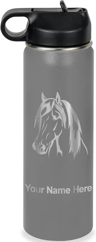 Miniatura 20 de LaserGram Botella de agua personalizada, cabeza de caballo 1, acero inoxidable de doble pared aislada al vacío con popote superior, regalo grabado