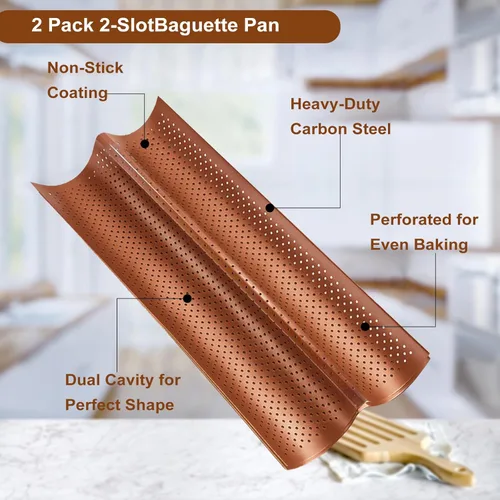 Miniatura 5 de Juego de 2 sartenes para baguette con paño de prueba, antiadherente de 2 ranuras para pan francés para baguette casero, bandeja de bronce vintage