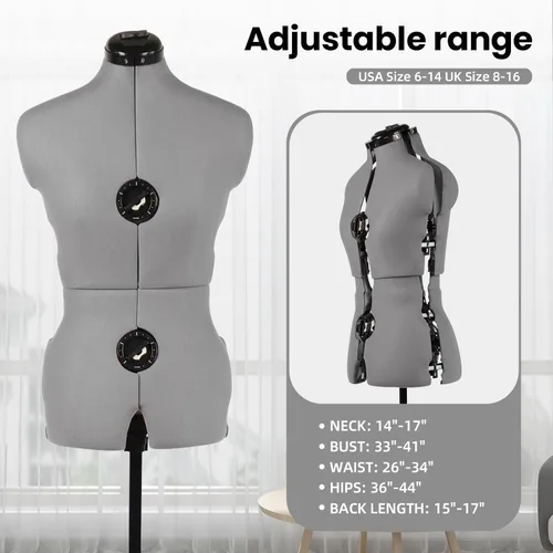 Miniatura 2 de maniquí ajustable con forma de vestido para costura, talla 6-14 para mujer, gris, con 13 diales y ruedas desmontables, modelo de cuerpo