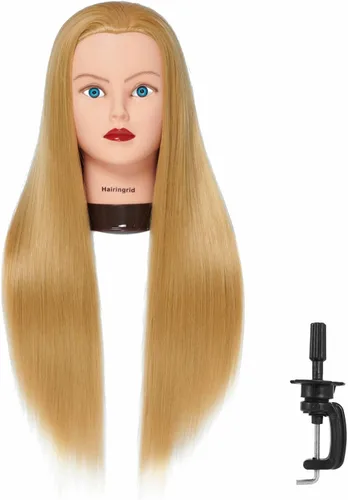 Miniatura 12 de Hairingrid Cabeza de maniquí de 26 a 28 pulgadas, para entrenamiento de peinado, cosmetología, cabeza de muñeca, pelo de fibra sintética y soporte