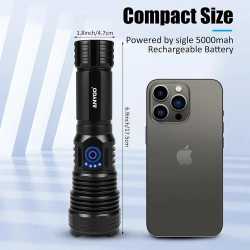 Miniatura 6 de Linterna recargable de 10000 lúmenes, IP67 impermeable 12H Runtime Batería recargable de 5000 mAh, 5 modos (alto/medio/bajo/estroboscópico/SOS)