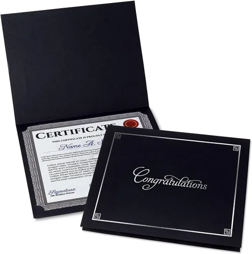 Carpetas para certificados de felicitaciones en negro y plateado, paquete de 25, cubierta de lino de 80 libras, plegadas, esquinas troqueladas, para