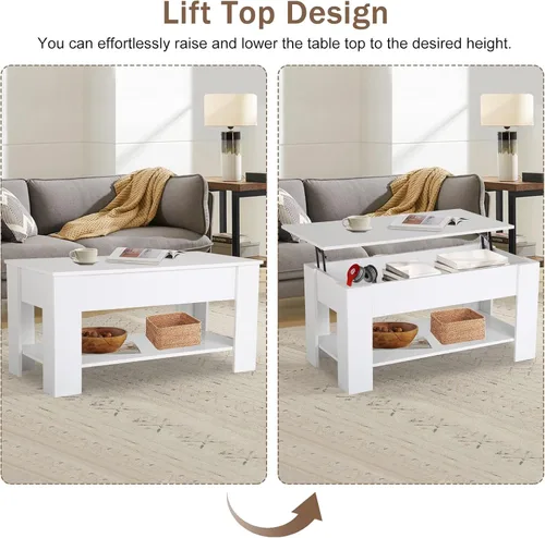 Miniatura 3 de Mesa auxiliar moderna, blanca, elevadora, madera, estante de almacenamiento, 28 x 28 x 24 pulgadas Blanco