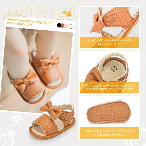 Miniatura 5 de Miamooi Sandalias de verano para bebés y niñas, zapatos de cuna con lazo, zapatos de piel sintética para niños pequeños, suela de goma suave
