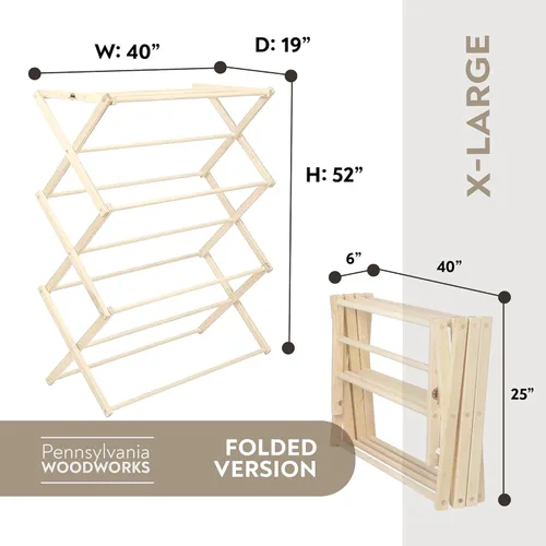 Miniatura 5 de Pennsylvania Woodworks Tendedero de Ropa de Arce Americano Premium - Hecho a Mano en Pensilvania - Construcción de Madera Sólida, Plegable, Solución