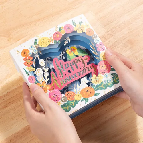Miniatura 3 de Tarjeta de felicitación de feliz aniversario, tarjeta de aniversario de tortolitos 3D, caja de flores mostrable, tarjeta de aniversario desplegable