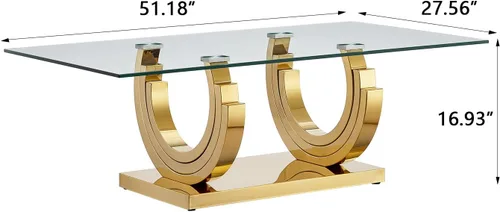 Miniatura 146 de Mesa de centro de cristal de lujo, mesa de centro de sofá de 47 pulgadas con marco de acero inoxidable dorado y parte superior de vidrio negro, mesa