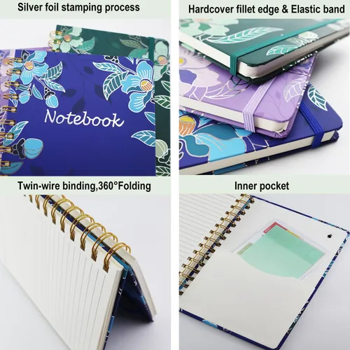 Miniatura 4 de Paquete de 3 cuadernos de bolsillo de tapa dura en espiral para mujeres, cuadernos universitarios a rayas A5 con bolsillo, 8.5" x 5.7", 160 páginas