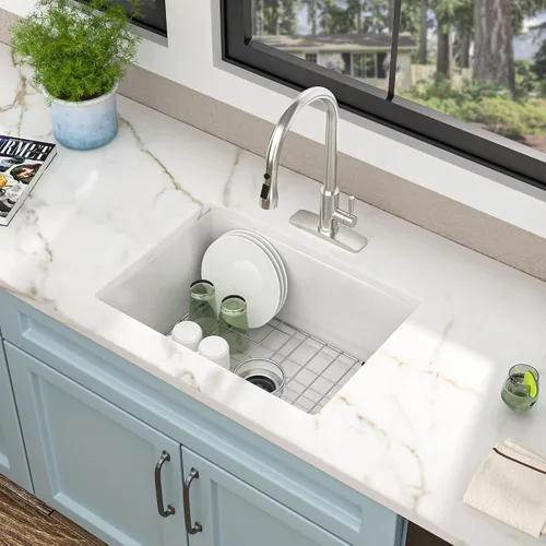 Miniatura 4 de Fregadero de barra blanco de 24"x18" para montaje bajo encimera - Arcilla refractaria de porcelana cerámica de alto brillo, montaje dual, un seno