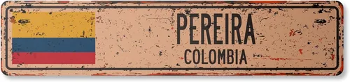 Pereira Colombia - Letrero de calle de plástico vintage con bandera colombiana, ciudad, campo, carretera, pared, regalo, para interiores y