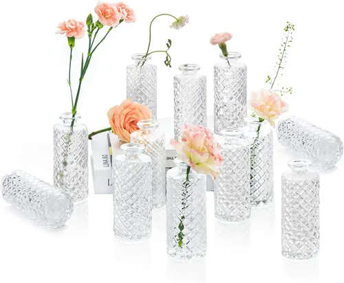 ComSaf Juego de 12 jarrones de cristal, pequeños jarrones de diamante a granel, mini jarrones de flores para centros de mesa, botella vintage para