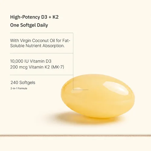 Miniatura 2 de Vitamina D3 10,000 UI + K2 200mcg, con aceite de coco, 240 cápsulas blandas Extra Strength Vitamin D & K Complex • High Absorption Formula • One