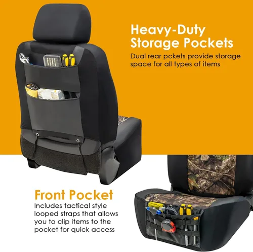 Miniatura 4 de Fundas de asiento resistentes Mossy Oak LPI Truck para asientos delanteros; Se ajustan a SUV o camiones de tamaño completo; Incluye bolsillos