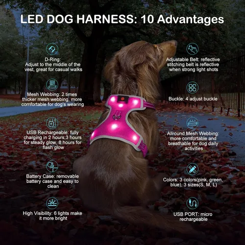 Miniatura 2 de Arnés para perro que brilla en la oscuridad recargable por USB (rosa, L)