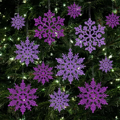 Miniatura 10 de Decoraciones para árbol de Navidad, adornos de copo de nieve, 36 piezas de copos de nieve colgantes de plástico con purpurina azul y plateado