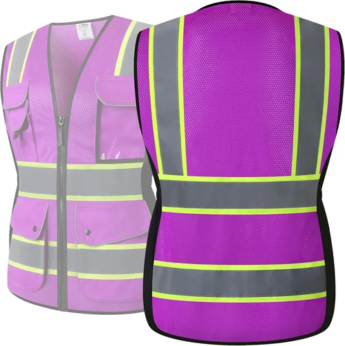 Miniatura 5 de JKSafety Chaleco de seguridad reflectante de alta visibilidad para mujer, tiras reflectantes cosidas en el cuerpo de color neón, transpirable