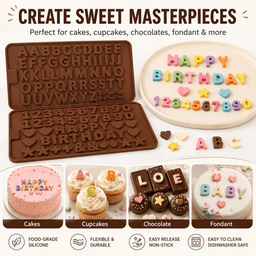 Miniatura 6 de Mini moldes de silicona para letras y números, paquete de 2 moldes de chocolate con letras A-Z, números del 0 a 9 y feliz cumpleaños, pequeños