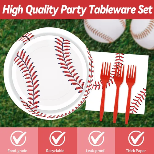 Miniatura 3 de 96 platos de papel de béisbol y servilletas para fiesta, platos de fiesta de béisbol, servilletas y tenedores, juego de vajilla desechable
