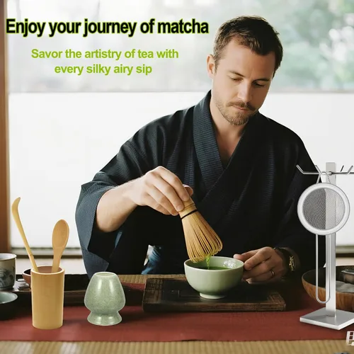 Miniatura 8 de Juego de 5 batidores de matcha, batidor de matcha, soporte de batidor de cerámica, cuchara y cuchara de bambú, tamiz de iniciación en polvo