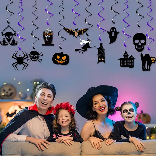 Miniatura 4 de Decoración para fiesta de Halloween, murciélagos, brujas, serpentinas, 12 piezas espeluznantes de fantasmas, calaveras, esqueletos, calabaza, gatos