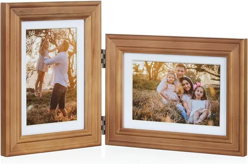 Miniatura 25 de Marco de fotos doble horizontal con bisagras plegable de 4 x 6 pulgadas en madera de pino negro con vidrio real para mesa X3-HEI-2H46