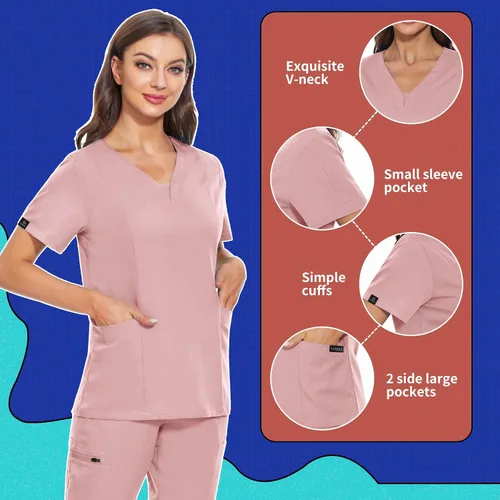 Miniatura 25 de VIAOLI Conjunto de ropa quirúrgica para mujer, camiseta con cuello en V y pantalones médicos tipo cargo para mujer, 10 bolsillos