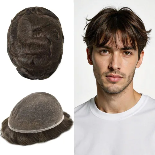 Miniatura 32 de PUNRU HAIR Completo Swiss Lace Toupee para hombres Sistema de cabello humano real Sistema de reemplazo de cabello humano para hombre Toupee