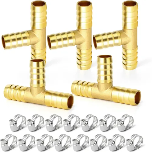 Miniatura 34 de GASHER 20 Piezas Reductor de Púas de Manguera de Latón, 1/2 Pulgada a 1/2 Pulgada (12.7mm) ID de Manguera con 40 Abrazaderas de Manguera, Reductor