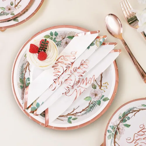 Miniatura 7 de Decoraciones de Ducha Nupcial en Oro Rosa, 168 Piezas de Platos y Servilletas para Despedida de Soltera, Platos de Papel Florales para 24, El Amor