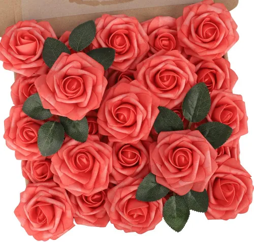 N&T NIETING Flores artificiales, 25 rosas falsas de espuma de coral de aspecto real con tallos para ramos de boda, centros de mesa de despedida de