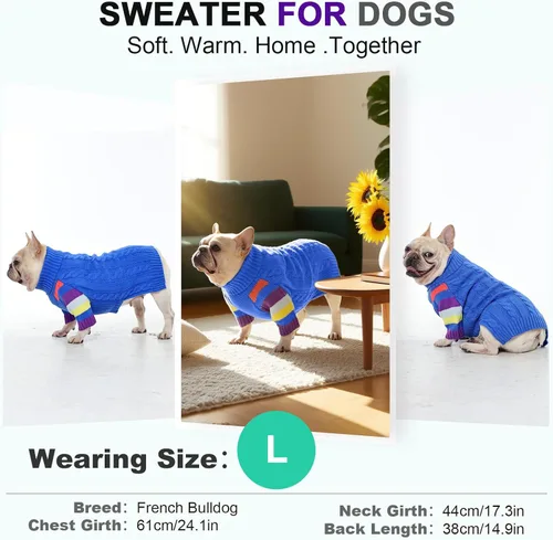 Miniatura 5 de Suéter para perro, suéteres para perros de tamaño grande, suéter elástico de cuello alto para perro, suéteres de punto para Shiba Inu, bulldog Azul