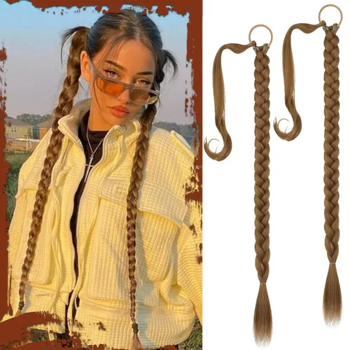 Miniatura 59 de Sofeiyan Extensión de cola de caballo de trenza larga con banda para el cabello, lacio, elegante, envolvente, extensiones de cabello trenzado, cola