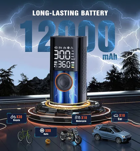 Miniatura 2 de Inflador de neumáticos, compresor de aire portátil, inalámbrico, mini bomba de aire con medidor de presión digital, inflado rápido de 150 PSI