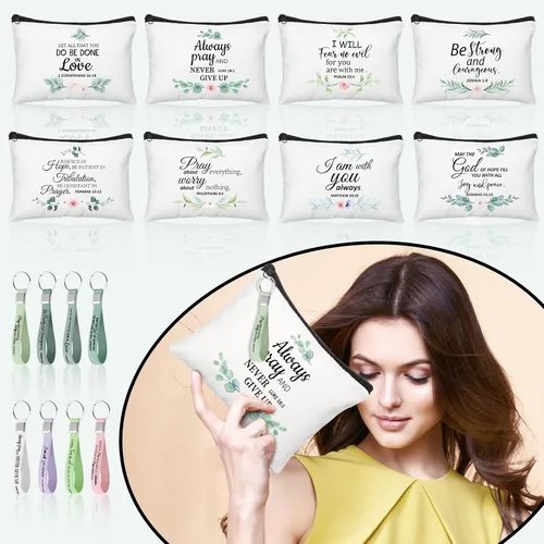 Miniatura 5 de Panelee 48 bolsas de cosméticos cristianos a granel para mujeres, bolsas de maquillaje con versículos de la Biblia, llaveros inspiradores, regalos