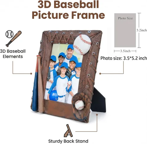 Miniatura 2 de Marco de fotos hecho a mano, marco deportivo de béisbol 3D, regalos de cumpleaños para hombres, mujeres, atletas, entrenadores, equipos (marrón)