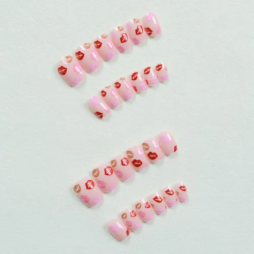 Miniatura 5 de Uñas postizas a presión para San Valentín, uñas postizas cortas cuadradas MABKJLF nude con diseños de labios, cobertura completa, pegamento