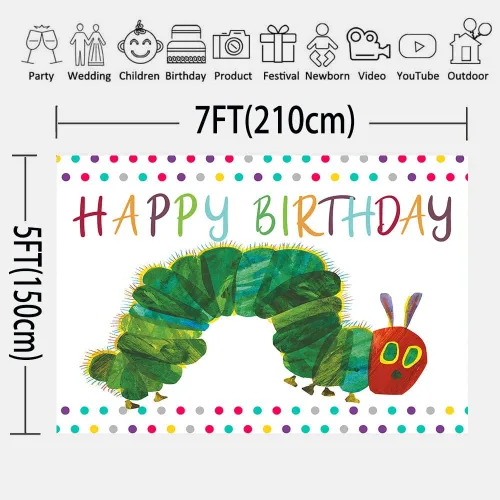 Miniatura 2 de Fondo de fotografía de feliz cumpleaños para fiesta temática de oruga, 7 x 5 pies, dibujos animados de insectos de color arco iris para niños
