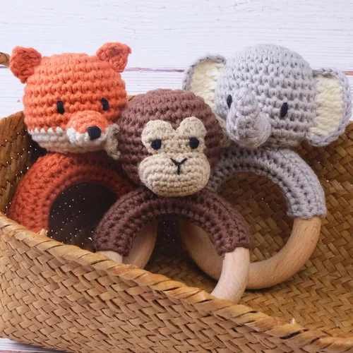 Miniatura 3 de Joliecraft Juguetes de sonajero de madera de animales de safari para bebé, sonajero de ganchillo relleno con anillo de mordedor para recién nacido