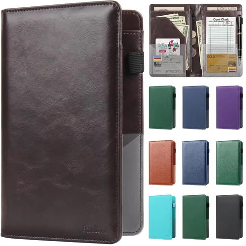 Libreta de mesera para camarera, organizador de cuero con bolsillo con cremallera, folleto para personal de restaurante, soporte para cheques de Café
