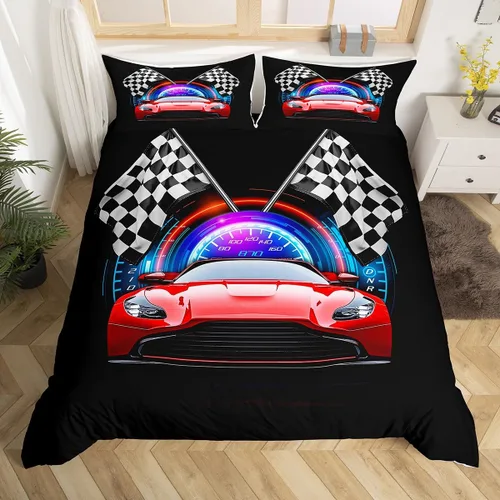 Miniatura 3 de Erosebridal Juego de funda de edredón de auto de carreras roja para niños y adolescentes, juego de edredón de carreras tamaño individual, edredón