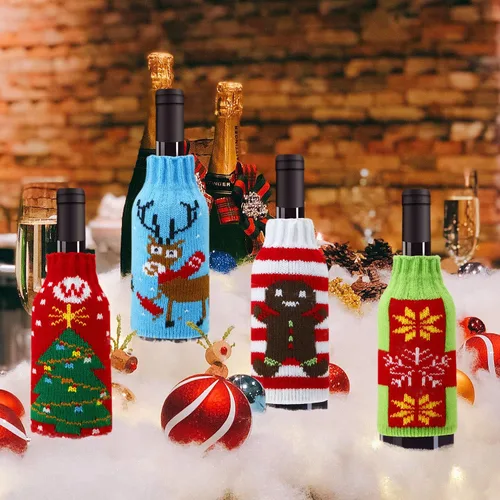 Miniatura 4 de Boao 6 juegos de fundas navideñas para botellas de vino y sombreros, decoración hecha a mano, suéter feo, vestido de botella de vino, vestido