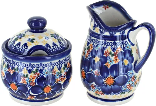 Miniatura 6 de Set de crema y azúcar de flor de manzana y cerámica polaca de rosa azul