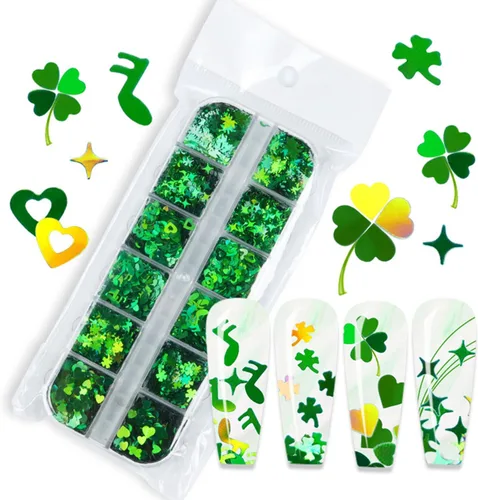 Miniatura 4 de 12 rejillas para el Día de San Patricio para uñas con purpurina y lentejuelas holográficas 3D trébol verde trébol para uñas con purpurina de corazón