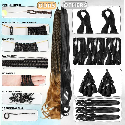Miniatura 5 de Paquete de 8 trenzas de ganchillo rizadas francesas para mujeres de color, 18 pulgadas, paquete de 8 trenzas de caja diosa, extensiones de cabello