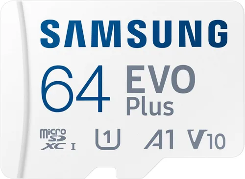 Samsung EVO Plus - Tarjeta de memoria microSD + adaptador, 64 GB microSDXC, velocidades de hasta 160 MB/s, UHS-I, C10, U1, V10, A1, almacenamiento