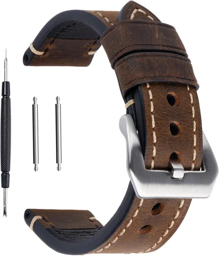 Correa de reloj de pulsera de cuero genuino marrón oscuro de 0.945 in para hombres con hebilla de acero inoxidable