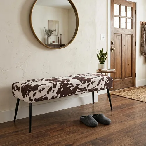 DUHOME Banco otomano de terciopelo, bancos tapizados para dormitorio, con estampado de vaca, banco de pie de cama con base de metal negro para