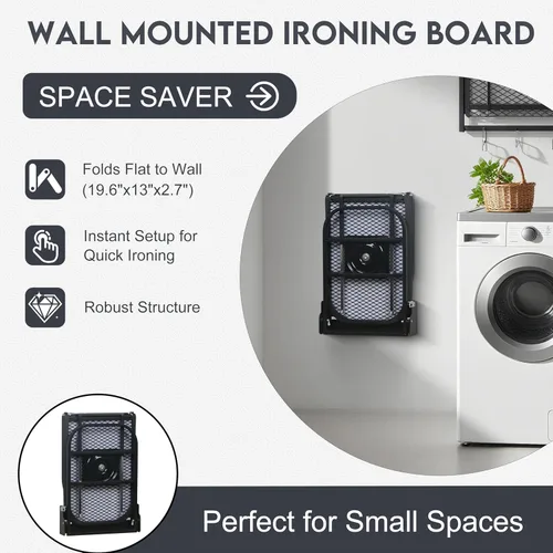 Miniatura 4 de Tabla de planchar para montar en la pared, compacta que ahorra espacio, tabla de hierro plegable para cuarto de lavado, 36 x 12 pulgadas, color negro
