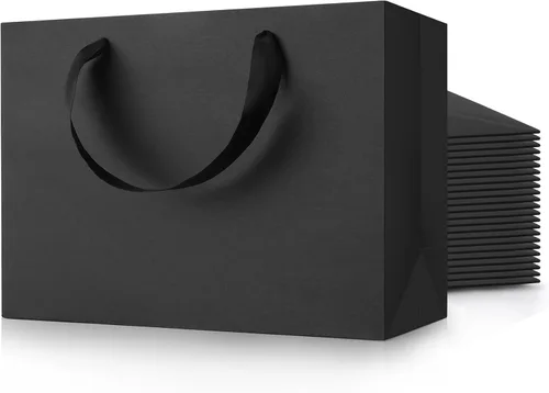 Miniatura 16 de MOXARYSU Bolsas de regalo negras con asas: 8 x 5 x 10 pulgadas, 30 bolsas de papel negras medianas a granel para fiestas, compras, cumpleaños, bodas